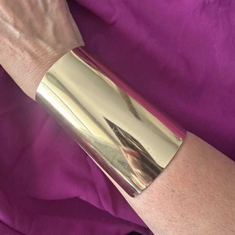 Gold Tone Wide Metal Cuff Bracelet Womens Bold Statement Arm Band Modern